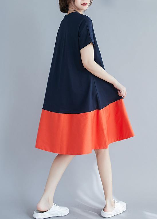 Women o neck patchwork summer quilting dresses Shape orange Dress - SooLinen