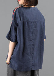 Women o neck patchwork summer tops navy Plus Size Clothing top - SooLinen