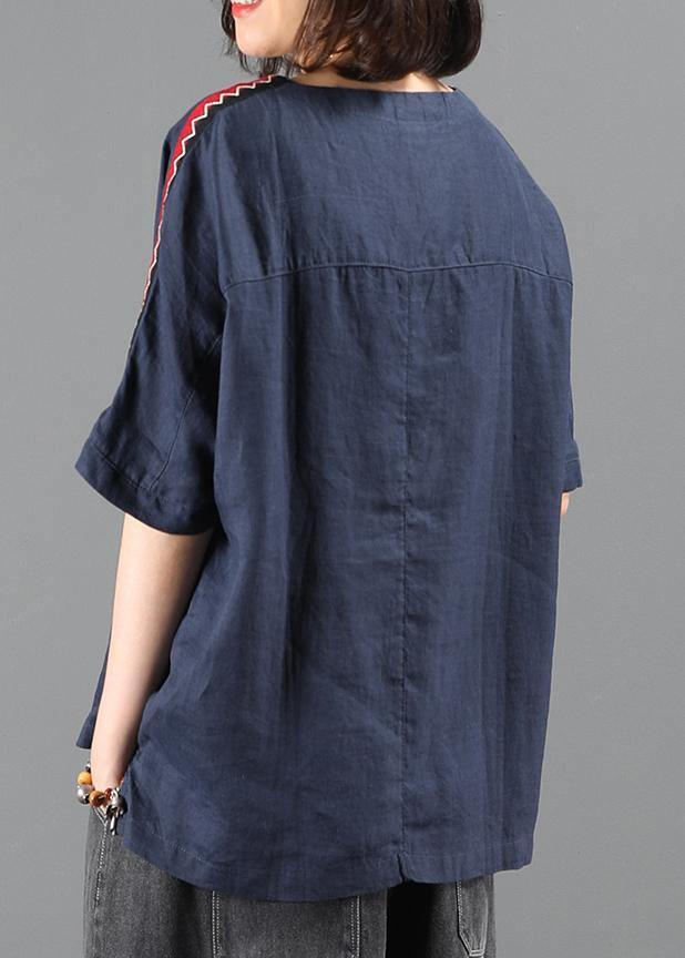 Women o neck patchwork summer tops navy Plus Size Clothing top - SooLinen
