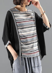 Women o neck patchwork top silhouette Photography black shirts - SooLinen