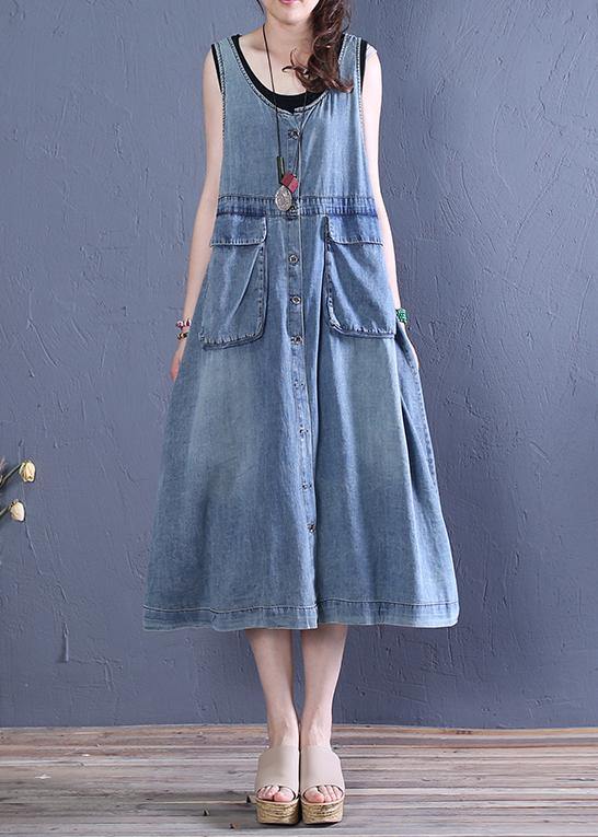 Women o neck pockets Cotton summer Tunics Tutorials denim blue Dresses - SooLinen
