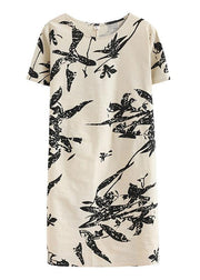 Women o neck pockets Cotton summer dresses pattern beige print Dress - SooLinen