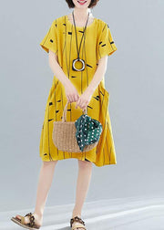 Women o neck pockets Cotton tunic dress Fabrics yellow print Dresses summer - SooLinen