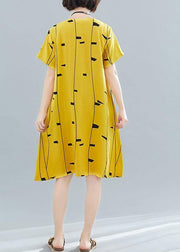 Women o neck pockets Cotton tunic dress Fabrics yellow print Dresses summer - SooLinen
