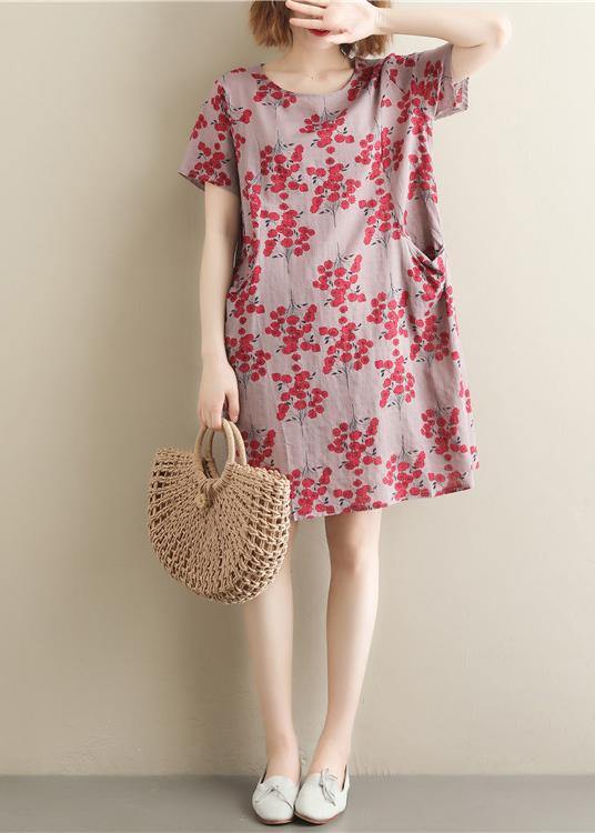 Women o neck pockets Cotton tunics for women Outfits red print Dress summer - SooLinen