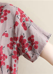 Women o neck pockets Cotton tunics for women Outfits red print Dress summer - SooLinen