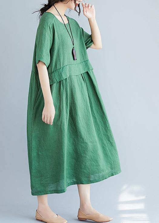 Women o neck pockets cotton linen quilting dresses Photography green Dress summer - SooLinen