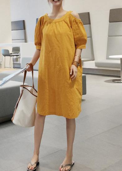 Women o neck pockets cotton linen summer dress Inspiration yellow Dresses - SooLinen