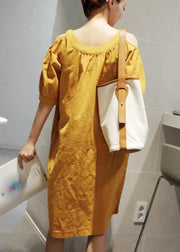 Women o neck pockets cotton linen summer dress Inspiration yellow Dresses - SooLinen