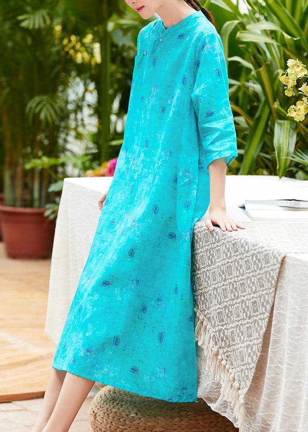 Women o neck pockets linen Robes Fashion Ideas blue print Dresses summer - SooLinen