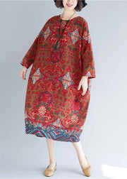 Women o neck pockets linen Robes Inspiration red print Dress - SooLinen