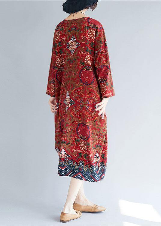 Women o neck pockets linen Robes Inspiration red print Dress - SooLinen
