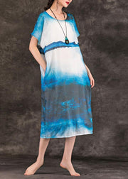Women o neck pockets linen clothes For Women Online Shopping blue print Dresses summer - SooLinen