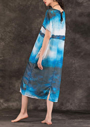 Women o neck pockets linen clothes For Women Online Shopping blue print Dresses summer - SooLinen