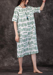 Women o neck pockets linen clothes Wardrobes green striped Dresses summer - SooLinen