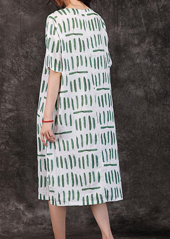 Women o neck pockets linen clothes Wardrobes green striped Dresses summer - SooLinen