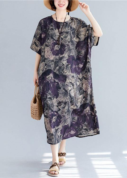 Women o neck pockets linen cotton summer Wardrobes Sleeve floral Dress - SooLinen