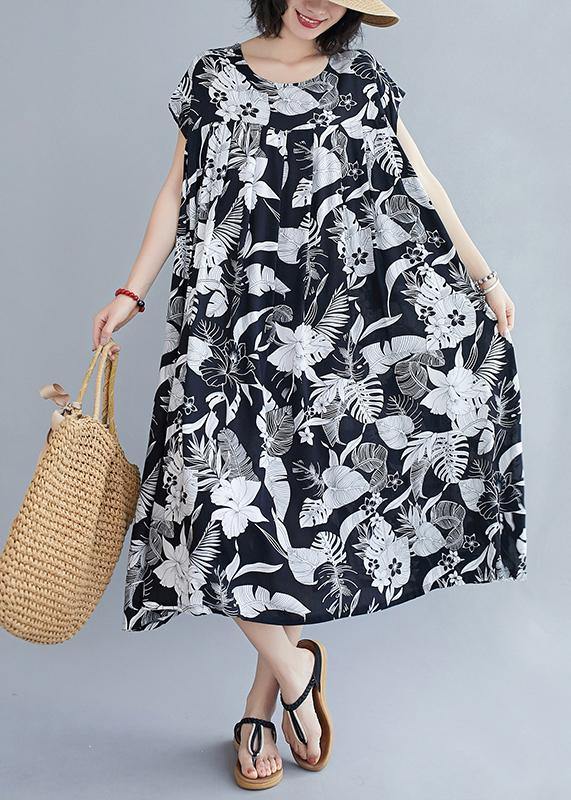 Women o neck pockets summer quilting dresses Runway black print Dress - SooLinen