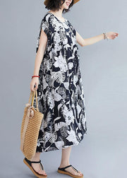 Women o neck pockets summer quilting dresses Runway black print Dress - SooLinen