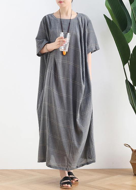 Women o neck short sleeve cotton outfit Neckline gray plaid cotton robes Dresses - SooLinen