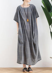 Women o neck short sleeve cotton outfit Neckline gray plaid cotton robes Dresses - SooLinen