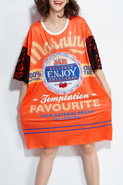 Women o neck silk Cotton Tunic plus size Sleeve orange print daily Dress summer