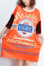 Frauen O-Ausschnitt Seide Baumwolle Tunika plus Größe Ärmel orange Druck täglich Kleid Sommer
