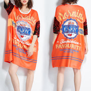 Women o neck silk Cotton Tunic plus size Sleeve orange print daily Dress summer