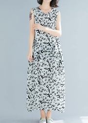 Women o neck sleeveless cotton summer clothes pattern white print Art Dress - SooLinen