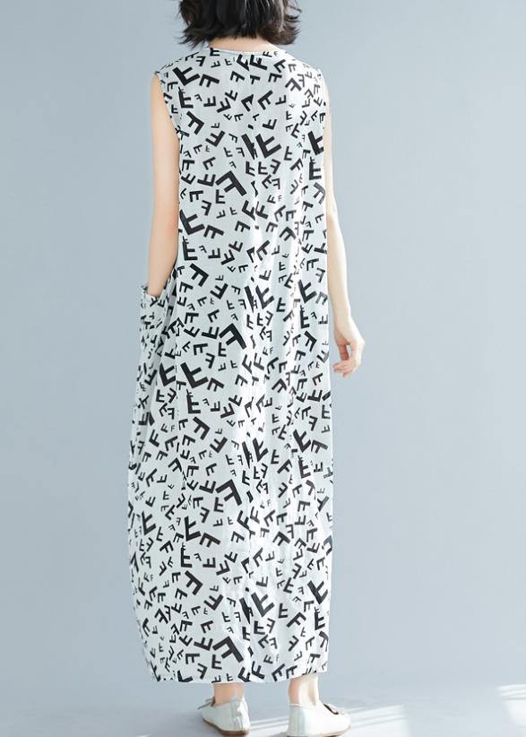 Women o neck sleeveless cotton summer clothes pattern white print Art Dress - SooLinen
