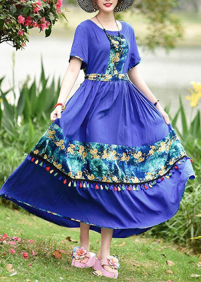 Women o neck tassel cotton Long Shirts design blue print cotton robes Dresses summer - SooLinen