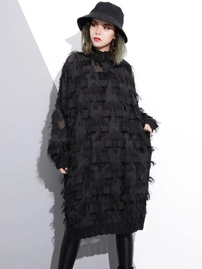 Women o neck tassel outfit Work Outfits black Dress - SooLinen