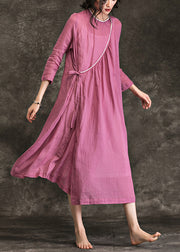 Women o neck tie waist linen Long Shirts Fine Shirts pink Plus Size Dress Summer