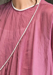 Women o neck tie waist linen Long Shirts Fine Shirts pink Plus Size Dress Summer