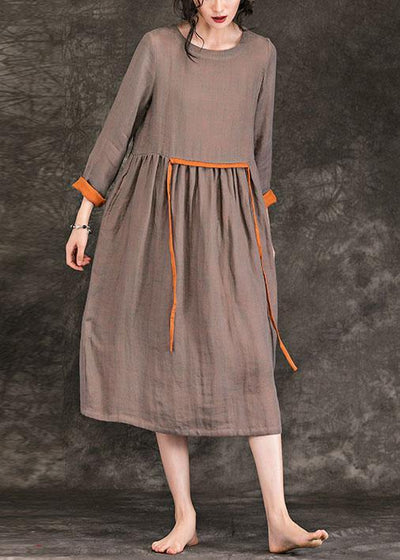 Women o neck tie waist Cinched linen Wardrobes brown Dress spring - SooLinen