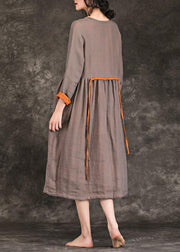 Women o neck tie waist Cinched linen Wardrobes brown Dress spring - SooLinen