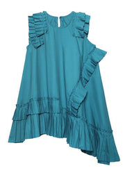 Women o neck Cinched Cotton Wardrobes blue green Dresses - SooLinen