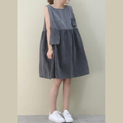 Women o neck Cinched Cotton dresses Fabrics denim gray Dresses - SooLinen