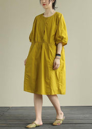 Women o neck Cinched Cotton summe routfit Catwalk yellow Dress - SooLinen