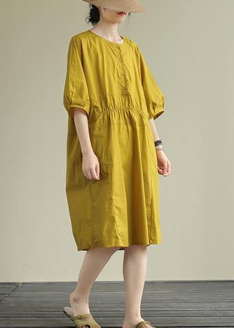 Women o neck Cinched Cotton summe routfit Catwalk yellow Dress - SooLinen