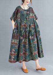 Women o neck Cinched clothes Catwalk green Plant printing Dress - SooLinen