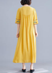 Women o neck Cinched cotton linen Robes Fabrics yellow embroidery Dresses summer - SooLinen