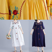 Women o neck Cinched cotton linen Robes Fabrics yellow embroidery Dresses summer - SooLinen