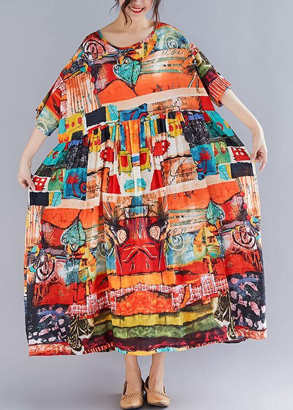 Women o neck Cinched cotton linen quilting clothes Shirts floral Dress - SooLinen