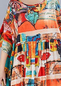 Women o neck Cinched cotton linen quilting clothes Shirts floral Dress - SooLinen