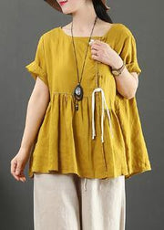 Women o neck Cinched linen clothes design yellow shirts - SooLinen