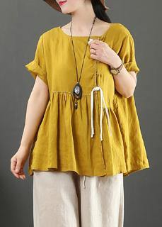 Women o neck Cinched linen clothes design yellow shirts - SooLinen