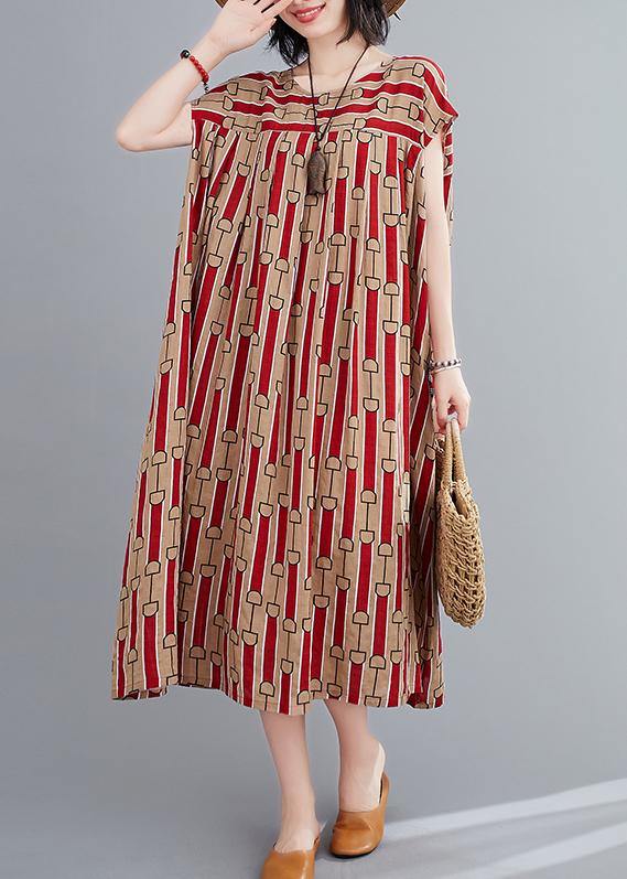 Women o neck Cinched summerTunics Fabrics red print long Dress - SooLinen