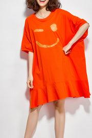 Frauen orange Baumwollkleider Tailliertes Nähen O-Ausschnitt Halbarm Knie Sommerkleid