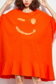 Women orange Cotton dresses Fitted Sewing o neck half sleeve Knee summer Dress